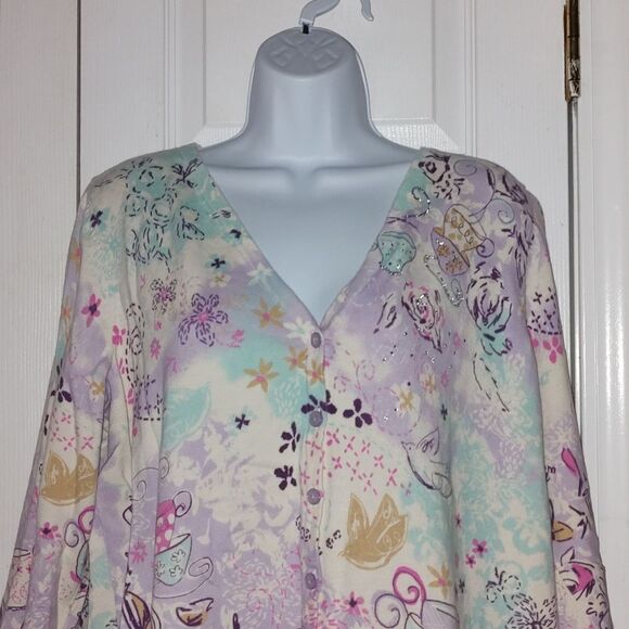 Christopher & Banks Pastel Tea Cup teacup Cardigan Button Sweater  Sz XL - Picture 3 of 5
